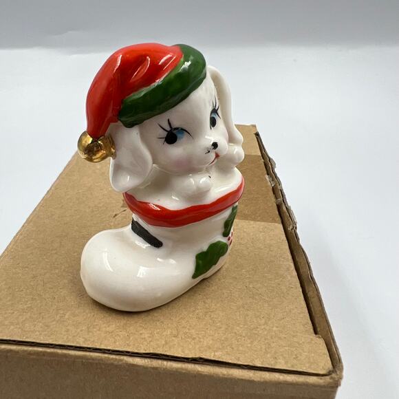 Vintage Glazed Ceramic Christmas Puppy in Stocking Holly Berry Gold Bell Mini - Picture 7 of 7